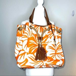 MICHAEL KORS Large orange & white tropical tote bag leather trim